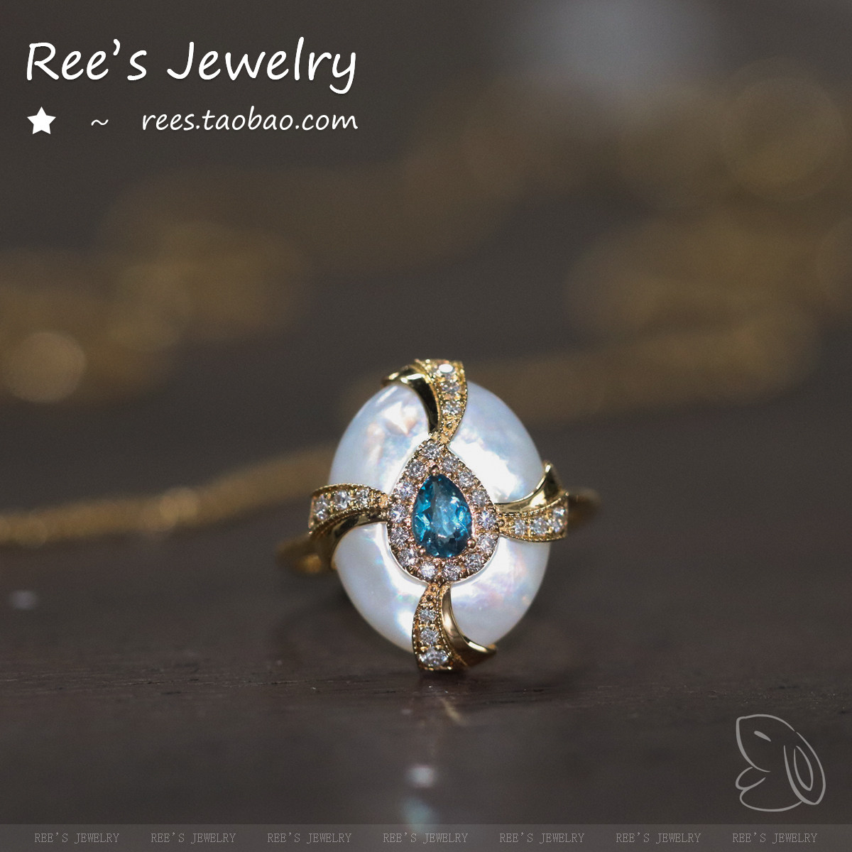 Ree original aquamarine, diamond and mother-of-pearl 18K ring
