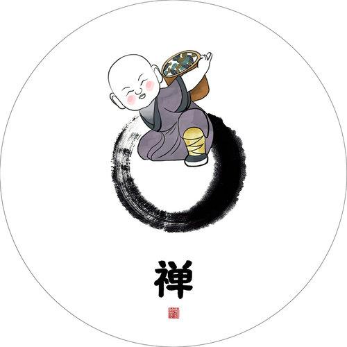 新中式圆形禅意小和尚装饰画心入户玄关书房茶室餐厅民宿挂画贴画 - 图3