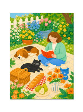 北欧可爱女孩猫狗温馨日常多巴胺装饰画画心儿童房挂画油画布贴画