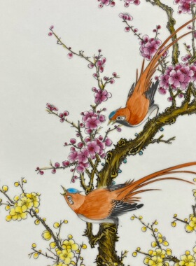 刘雨岑作品红木彩绘镶瓷板画粉彩花鸟梅兰竹菊四条挂屏纯手绘瓷画
