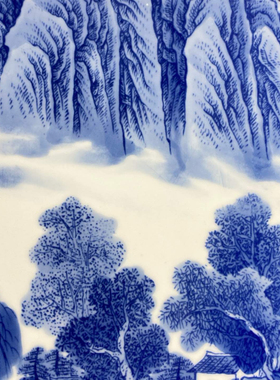 王步作品红木镶瓷板画青花山水溪山静远挂屏手绘陶瓷装饰画