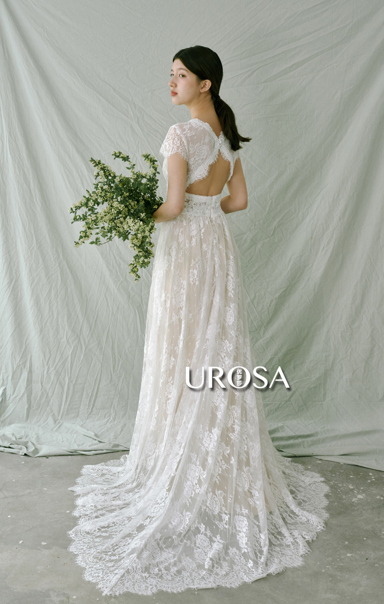Lace design garden lights for bride, V-neckline, fitted, backless Lace design garden lights for bride, V-neckline, fitted, backless