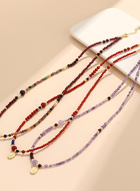 新品紫水晶绿东陵多圈手链女小众百搭高级感手链项链二合一