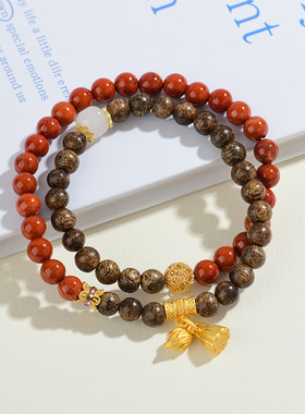 沉香木南红玛瑙双圈手链两世欢挂饰新中式文创寺院新爆款风格