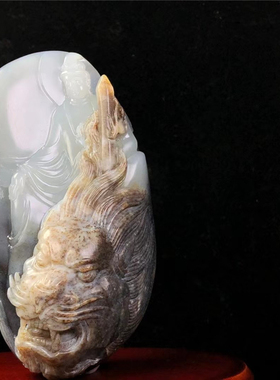 新疆和田玉青花籽料文殊菩萨手把件天然玉石独籽雕刻把玩件