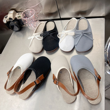 ເກີບແຕະ Linen ສໍາລັບຜູ້ຍິງ Summer Outerwear Baotou Hollow Breathable Mesh Flat Shoes Versatile Casual Soft Soled Straw Sandals