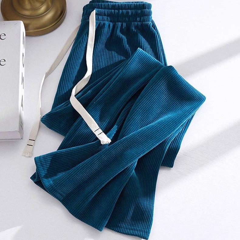 孔雀蓝阔腿裤女秋冬胖MM大码新款高腰垂感直筒休闲加绒加厚条绒裤 - 图2