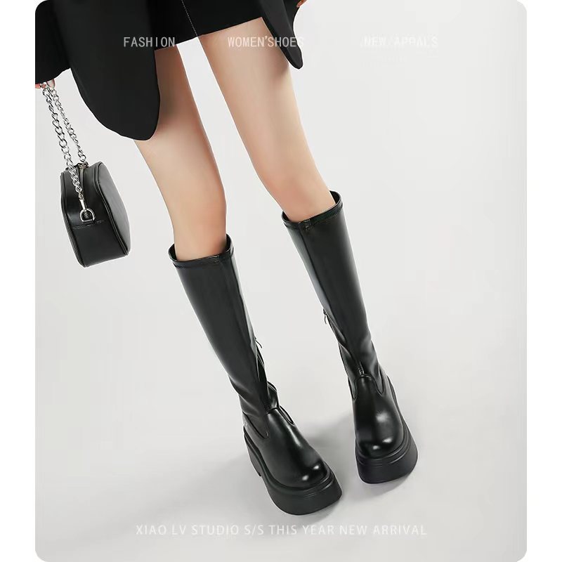 35-43大码胖mm靴子女粗腿大筒围高跟高筒大筒围骑士靴厚底长筒靴 - 图1