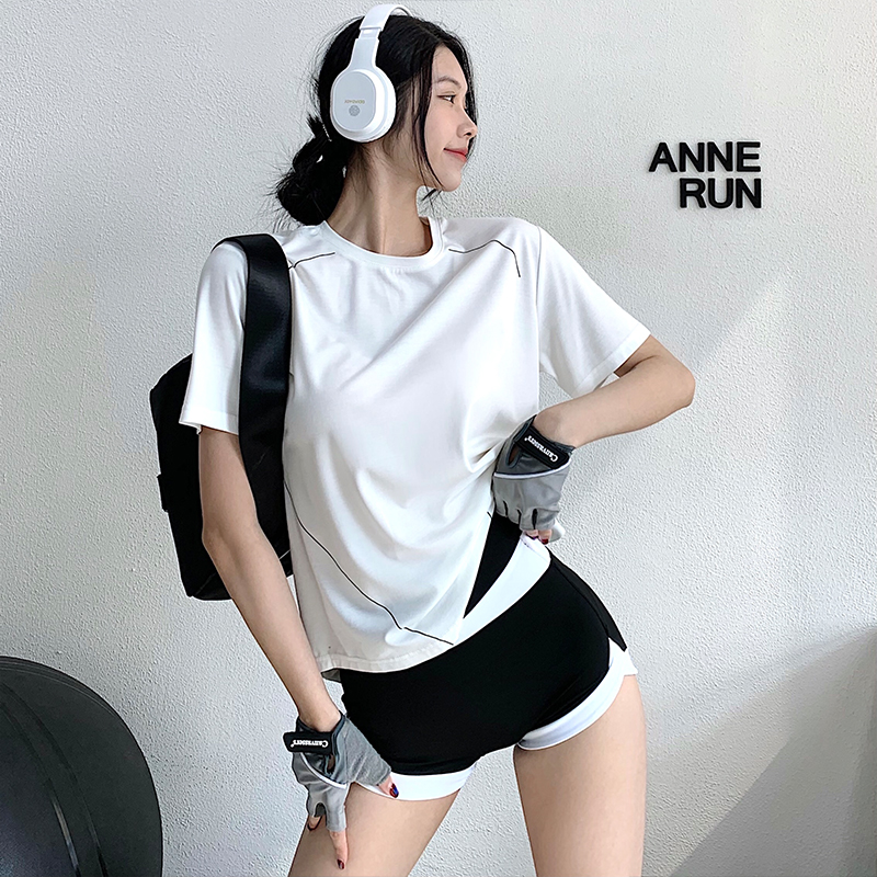 annerun简约运动上衣女宽松健身房速干衣T恤休闲跑步跳绳瑜伽短袖 - 图0