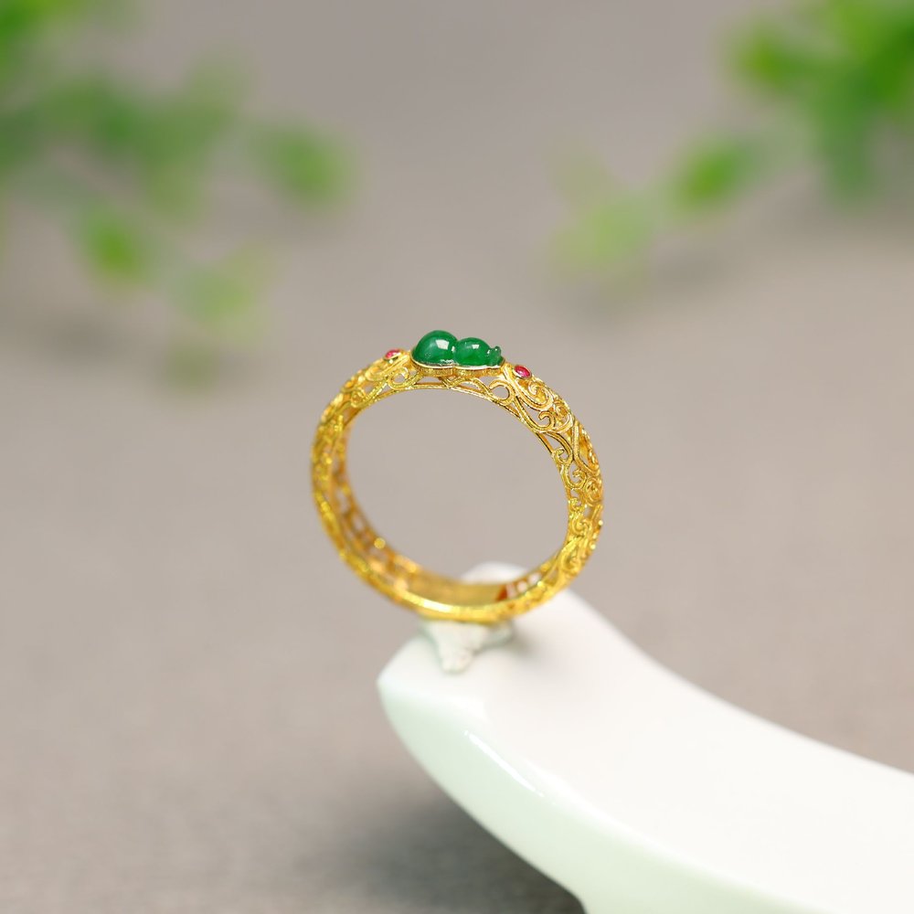Spicy Green Burmese Natural Grade A Jade Gourd Ring