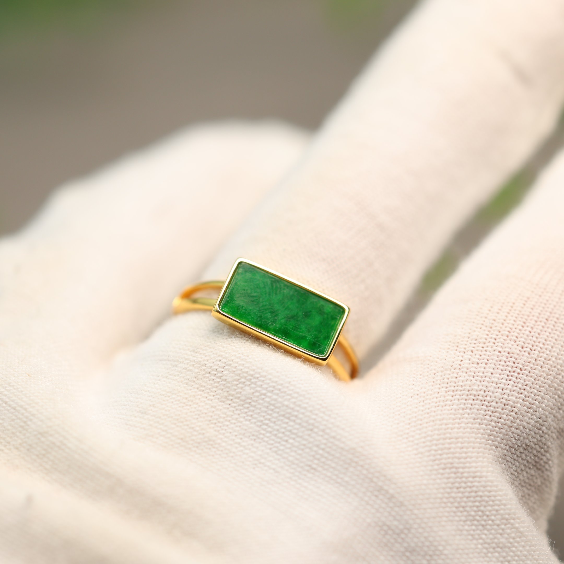 Spicy Green Burmese Natural Grade A Jade Rectangular Ring