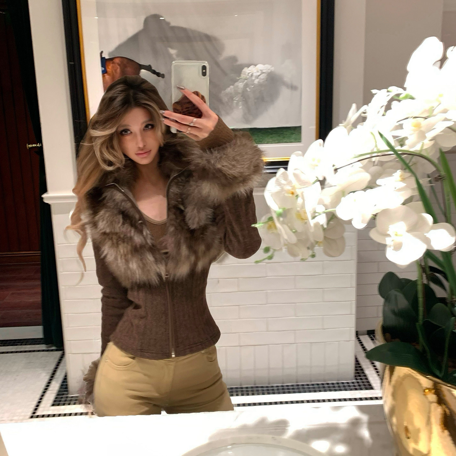 PrettyDragon拼接皮草针织开衫大毛领显瘦加绒厚短外套女毛绒上衣 - 图3