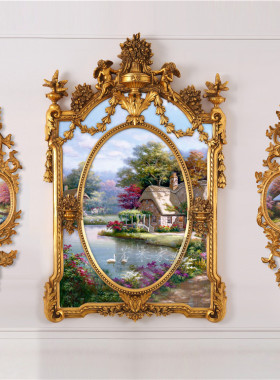 85x135法式纯手绘油画壁炉画紫色风景海景地中海天鹅房子托马斯