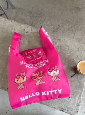 日系折叠购物袋Kitty黑皮手拎袋