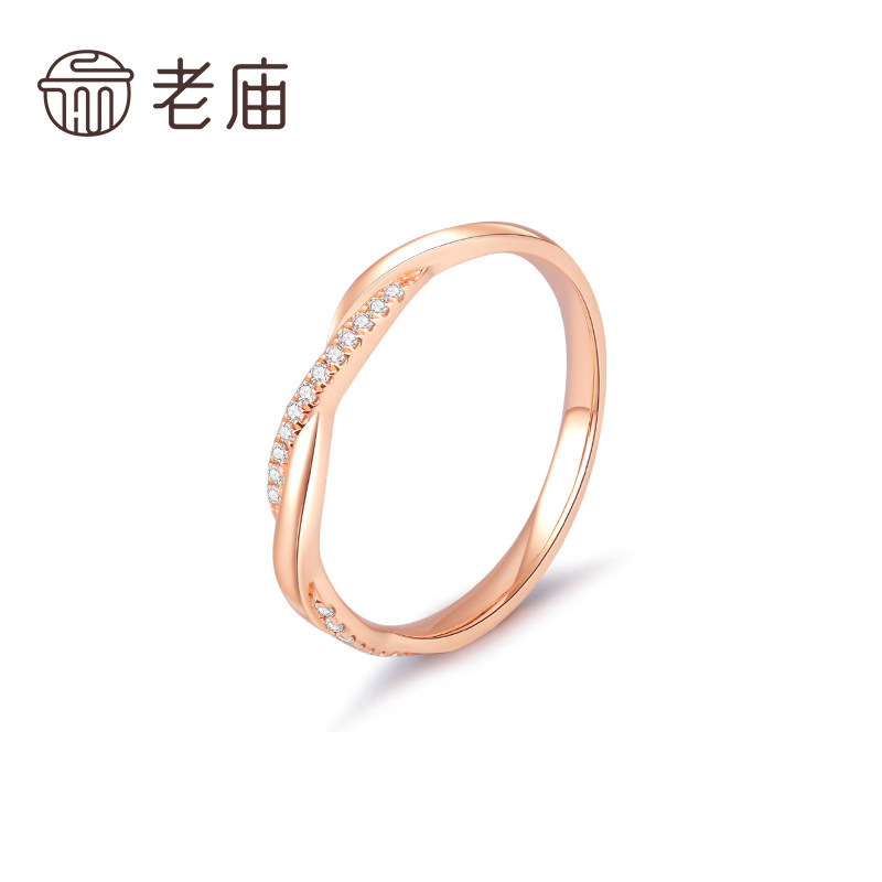 老庙黄18k金戒指缠绵条戒女钻戒指 老庙手饰