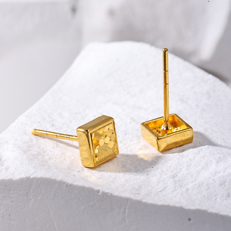 老庙黄金足金999时尚5G鳞甲闪耀亮镜金菱形耳钉方糖耳饰碎碎冰,淘宝优惠券,粉丝福利购,淘宝优惠卷