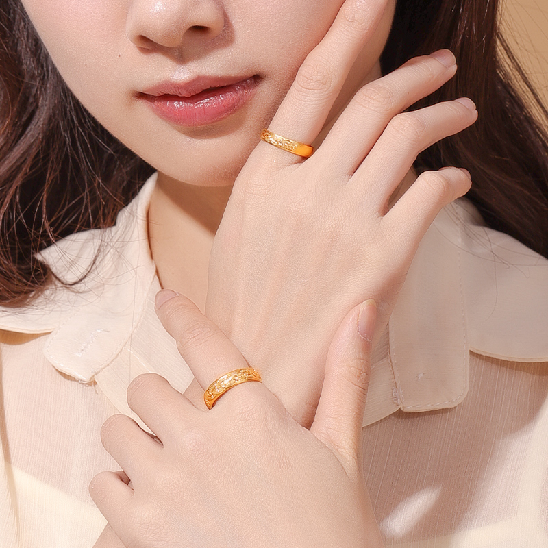 老庙黄金足金999古法情牵活口戒指编织婚嫁情侣三金对戒男女款 - 图2
