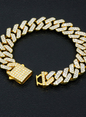 2025新款新款欧美嘻哈朋克风14mm满钻古巴项链男女时尚潮流手链