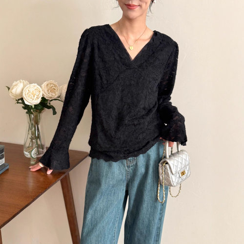 2025新款拼接网纱V领蕾丝打底衫女秋冬新款独特别致修身显瘦内搭 - 图1