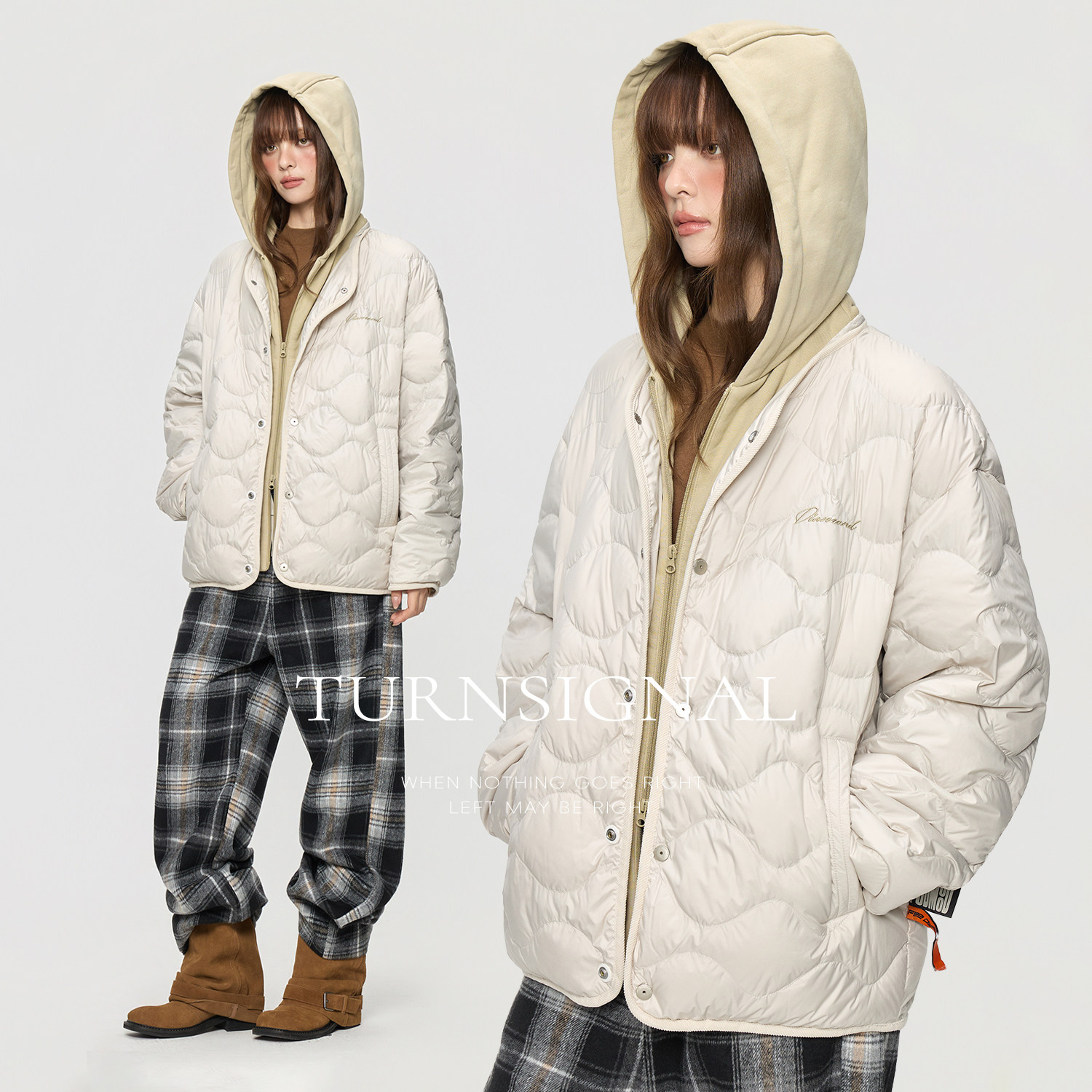 TurnSignal假两件轻薄羽绒服女冬季2025新款连帽宽松保暖羽绒外套