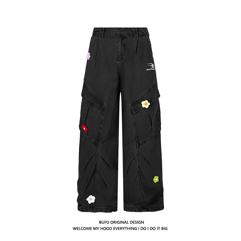 亿万少年BUFU复古多口袋牛仔裤直筒工装裤男女美式宽松刺绣伞兵裤,淘宝优惠券,粉丝福利购,淘宝优惠卷