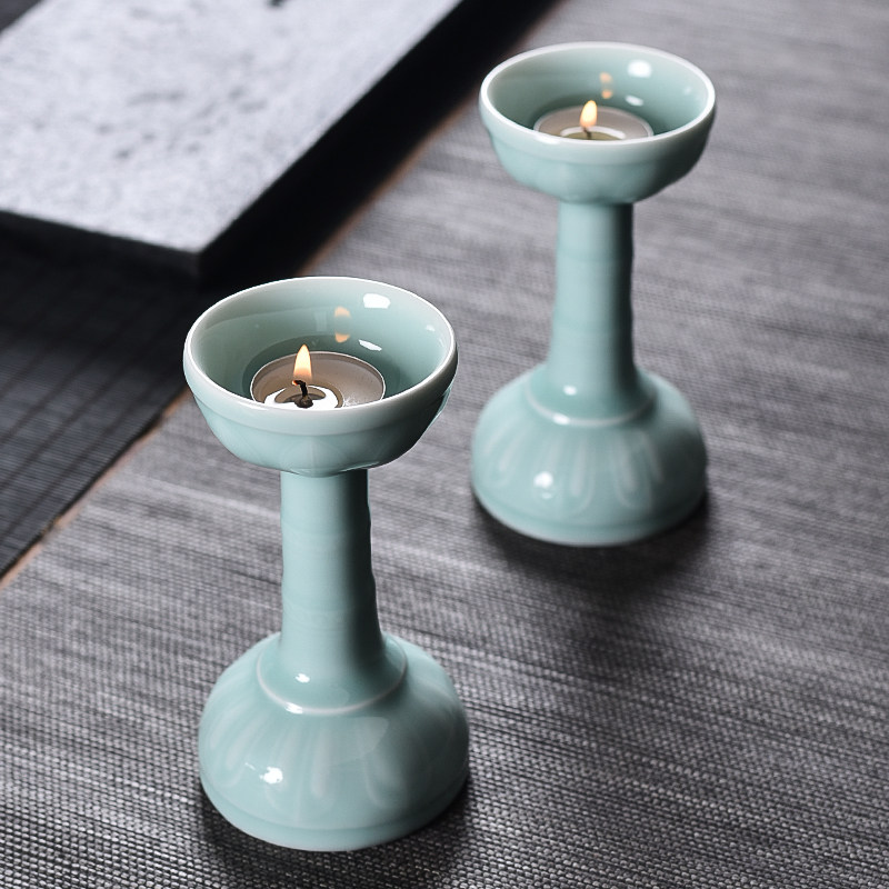 青瓷烛台中式莲花烛台家用佛前用品供奉蜡烛陶瓷酥油灯座饰品摆件_虎窝淘