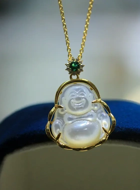 天然白贝母佛公吊坠s925银镀18k金包边镶嵌笑弥勒佛挂件坠子项链
