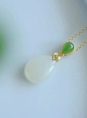 S925银天然和田玉女母亲节礼物送妈妈玉吊坠羊脂玉项链送长辈水滴