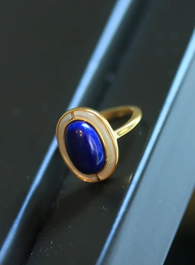 s925通体纯银镀金镶嵌天然青金石戒指活口可调大小简约百搭饰品女