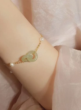 双环珍珠平安扣手链女环环相扣ins小众设计轻奢高级感复古手饰品