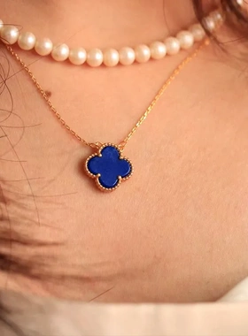 天然原矿青金石经典四叶草吊坠s925纯通体银镀金镶嵌简约锁骨链女