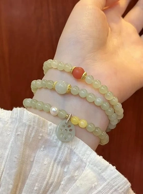 原创设计天然晴水和田玉多圈手链女新中式复古风玛瑙手串藕片吊坠