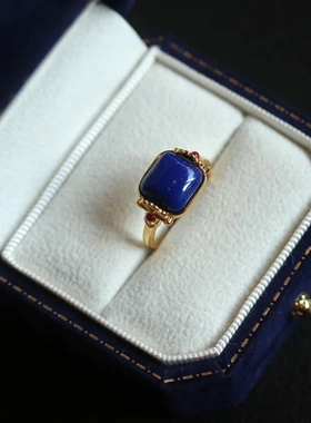 s925通体银镀金镶嵌天然青金石戒指活口可调大小奢华大气高级饰品