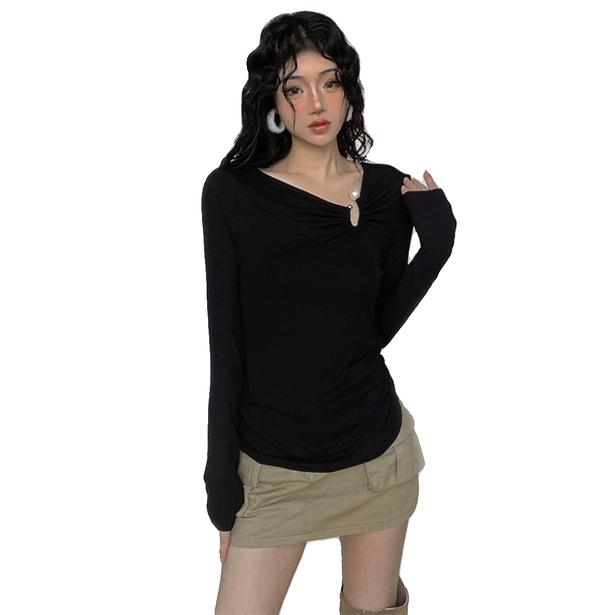 黑色长袖t恤女春秋季镂空设计感小众修身内搭打底衫法式复古上衣,淘宝优惠券,粉丝福利购,淘宝优惠卷