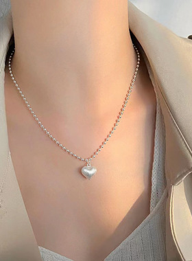 S990足银拉丝爱心项链女圆珠锁骨链纯银心形秋冬款配饰轻奢小众