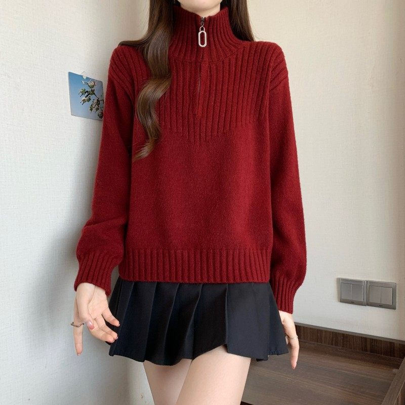 大码女装2025秋冬新款胖MM时尚长袖套头拉链翻领针织长袖上衣毛衣,淘宝优惠券,粉丝福利购,淘宝优惠卷