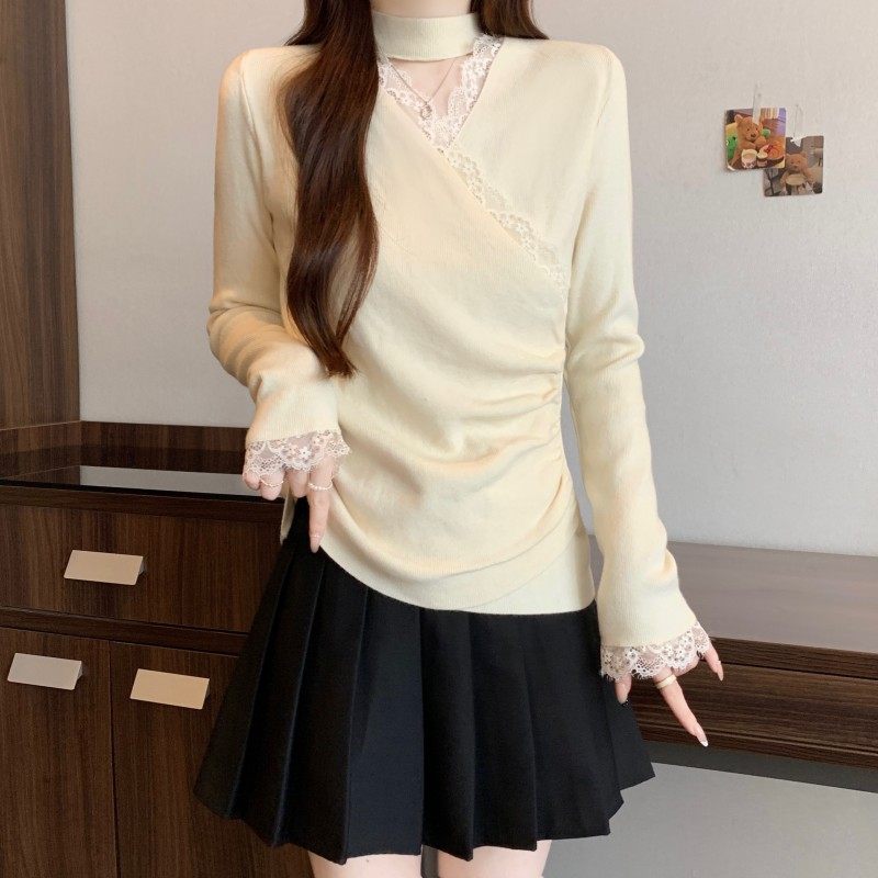 大码女装2025秋冬新款胖MM脖套镂空蕾丝交叉领长袖打底针织衫毛衣,淘宝优惠券,粉丝福利购,淘宝优惠卷