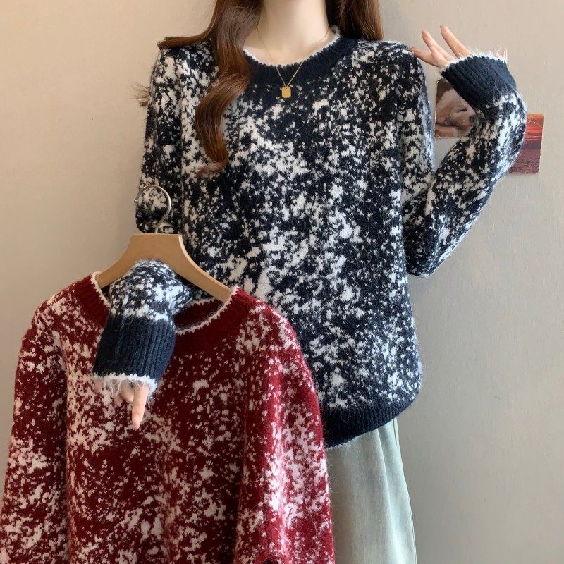 大码女装2025秋冬新款胖MM圆领过年红水墨长袖正肩套头上衣毛衣潮,淘宝优惠券,粉丝福利购,淘宝优惠卷