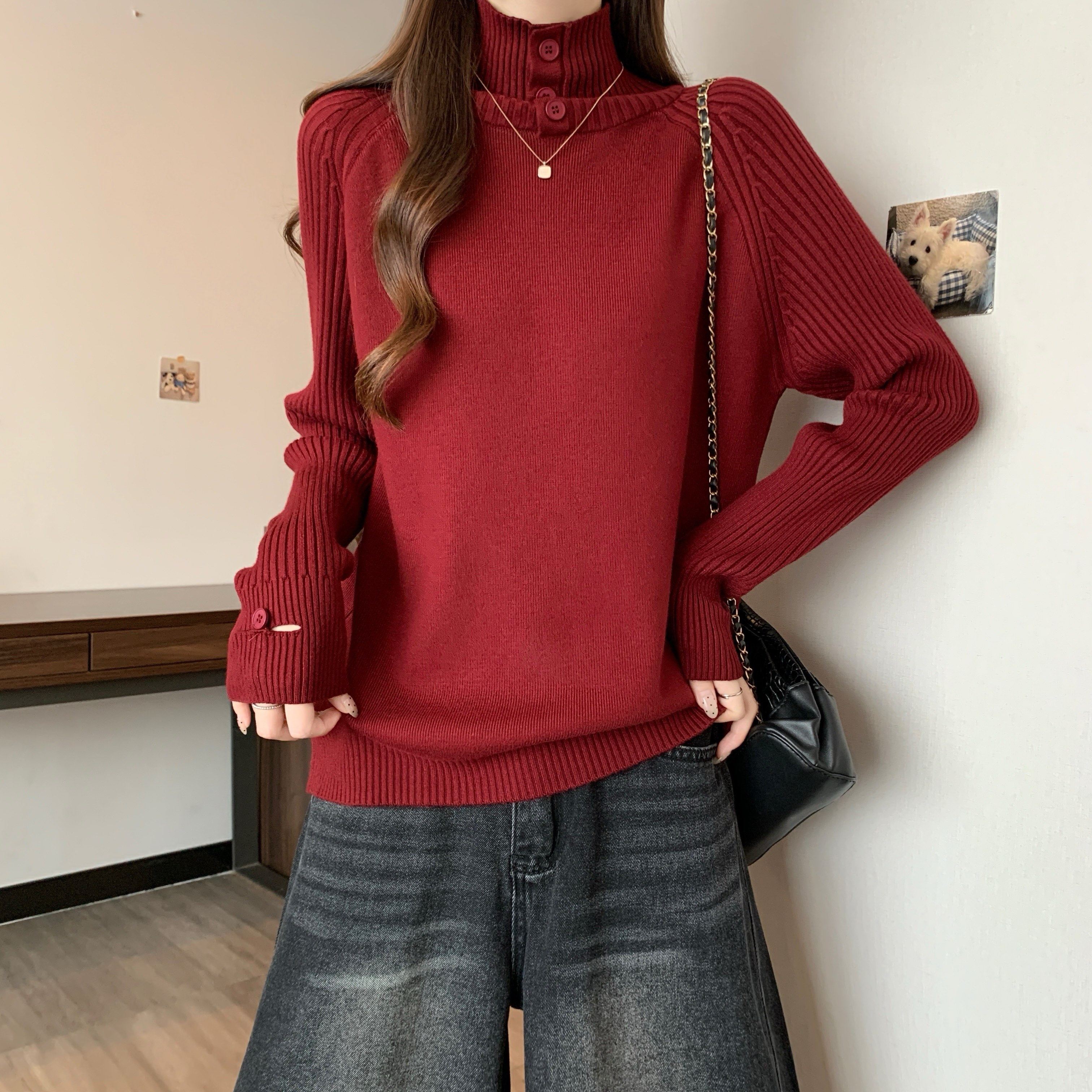 大码女装堆堆领毛衣女秋冬胖MM加厚纽扣内搭长袖上衣针织打底衫潮,淘宝优惠券,粉丝福利购,淘宝优惠卷