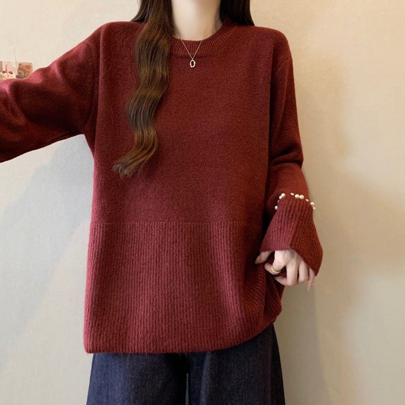 大码女装2025秋冬新款胖MM圆领重工钉珠过年红袖套头长袖上衣毛衣,淘宝优惠券,粉丝福利购,淘宝优惠卷