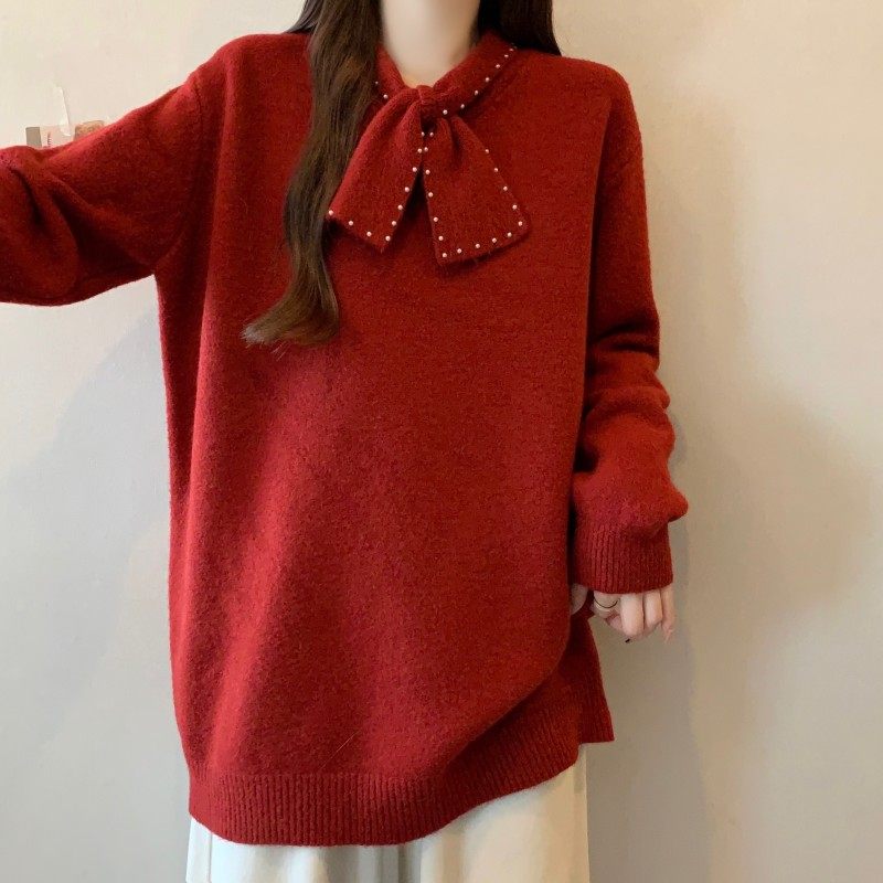 大码女装2025秋冬新款时尚百搭赫本风蝴蝶结长袖正肩上衣套头毛衣,淘宝优惠券,粉丝福利购,淘宝优惠卷