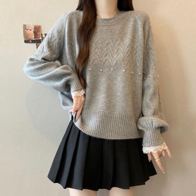 胖MM大码女装2025秋冬新款过年红圆领钉钻蕾丝拼接袖长袖套头毛衣,淘宝优惠券,粉丝福利购,淘宝优惠卷