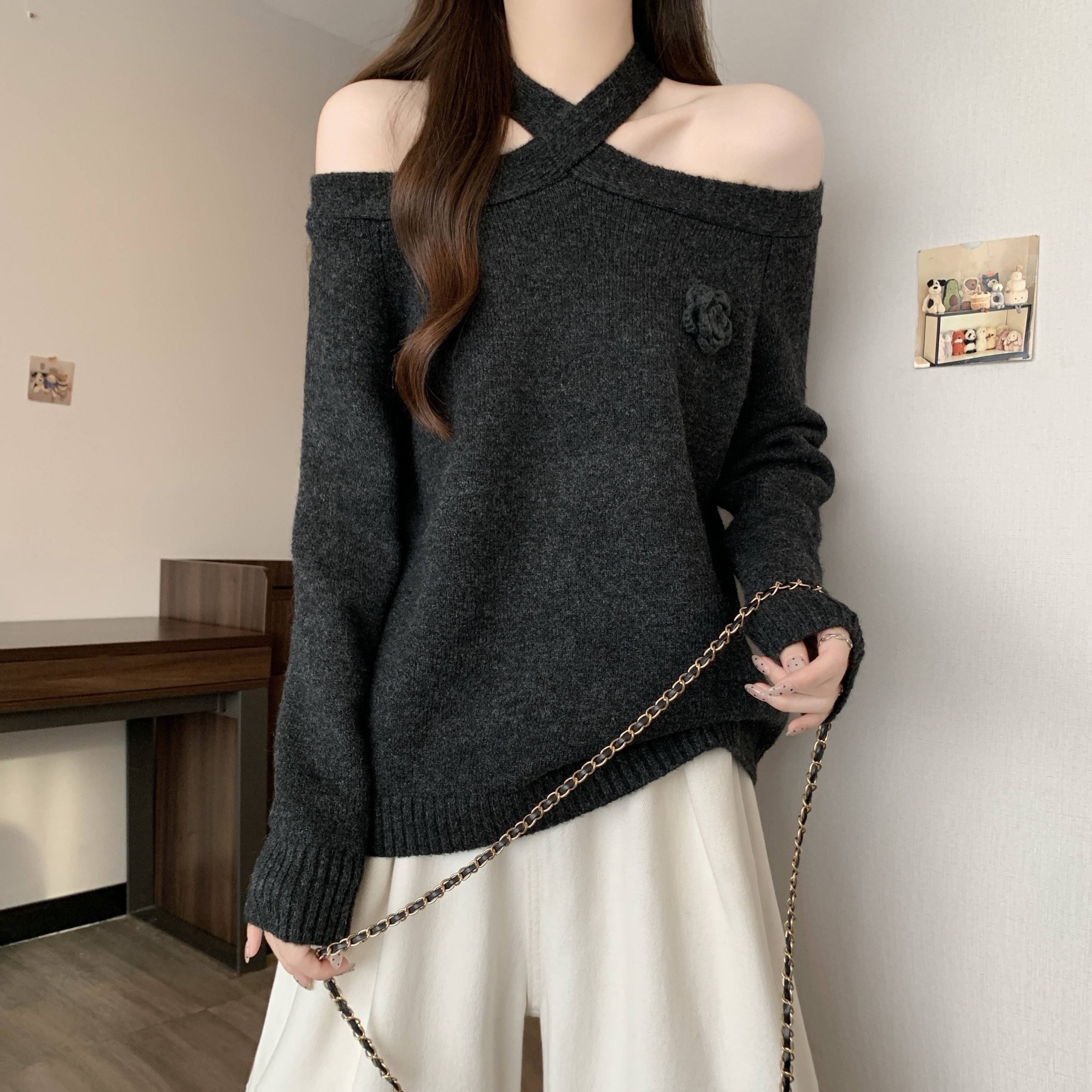 大码女装秋冬新款一字肩挂脖针织衫胖MM长袖毛衣慵懒风内搭打底衫,淘宝优惠券,粉丝福利购,淘宝优惠卷