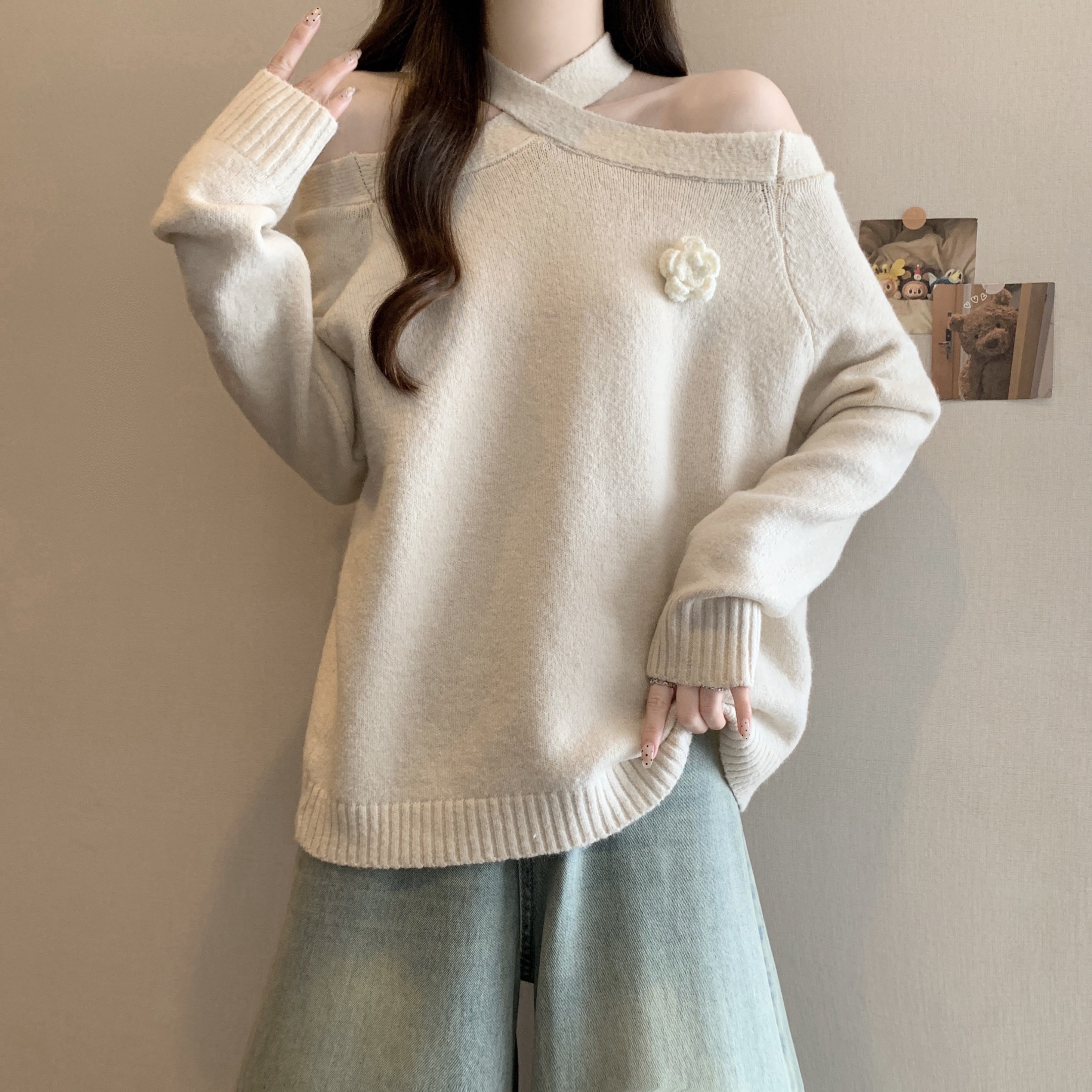 大码女装秋冬新款一字肩挂脖针织衫胖MM长袖毛衣慵懒风内搭打底衫,淘宝优惠券,粉丝福利购,淘宝优惠卷