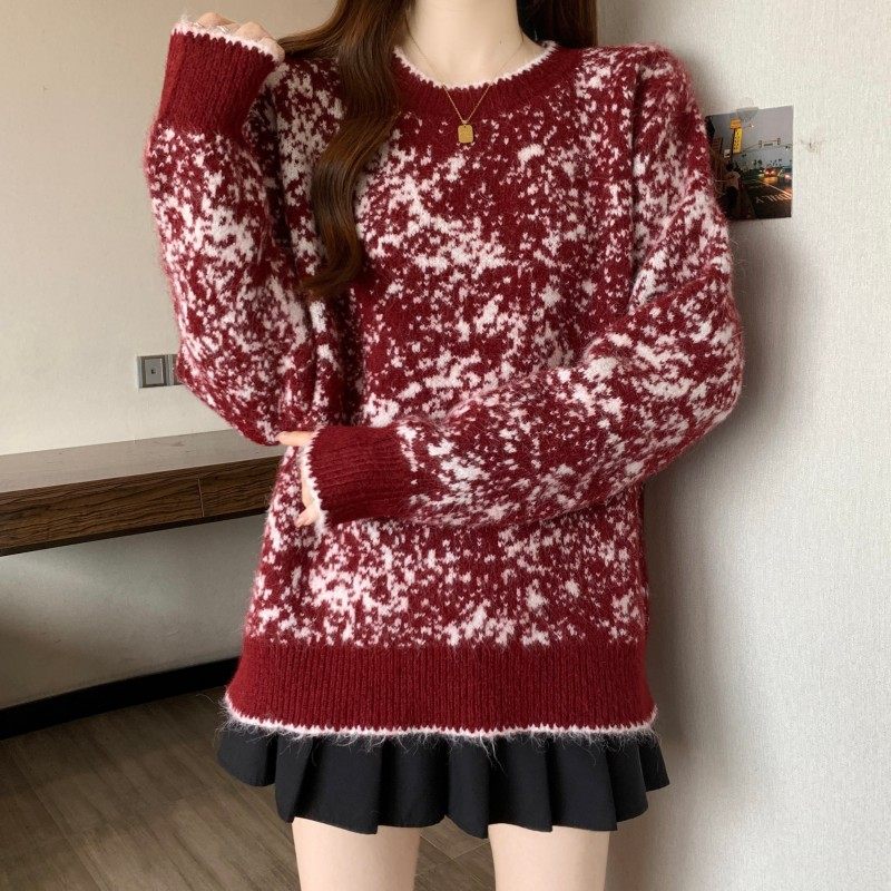 大码女装2025秋冬新款胖MM圆领过年红水墨长袖正肩套头上衣毛衣潮,淘宝优惠券,粉丝福利购,淘宝优惠卷