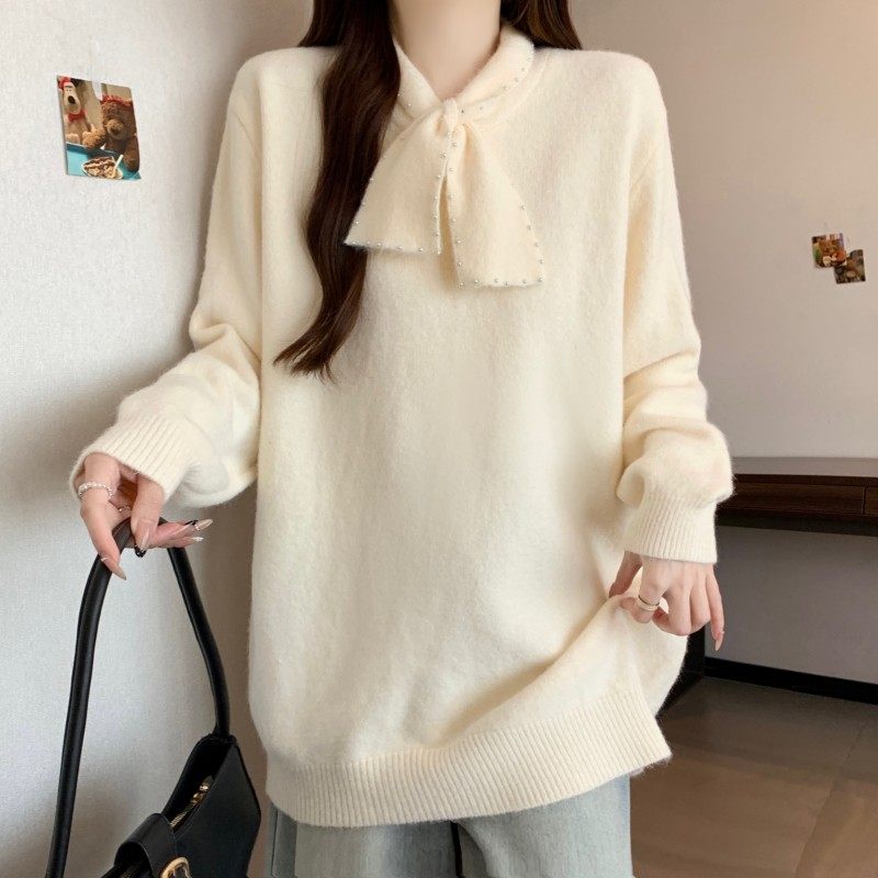 大码女装2025秋冬新款时尚百搭赫本风蝴蝶结长袖正肩上衣套头毛衣,淘宝优惠券,粉丝福利购,淘宝优惠卷