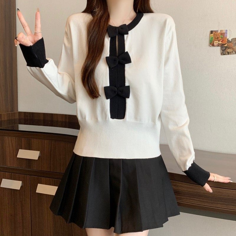 大码女装2025秋冬新款法式小香风圆领撞色套头长袖蝴蝶结上衣毛衣,淘宝优惠券,粉丝福利购,淘宝优惠卷