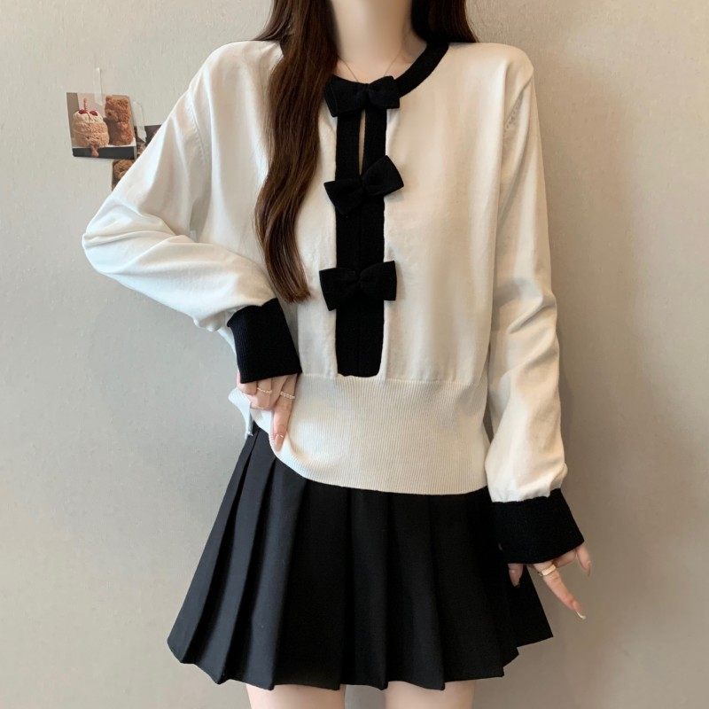 大码女装2025秋冬新款法式小香风圆领撞色套头长袖蝴蝶结上衣毛衣,淘宝优惠券,粉丝福利购,淘宝优惠卷