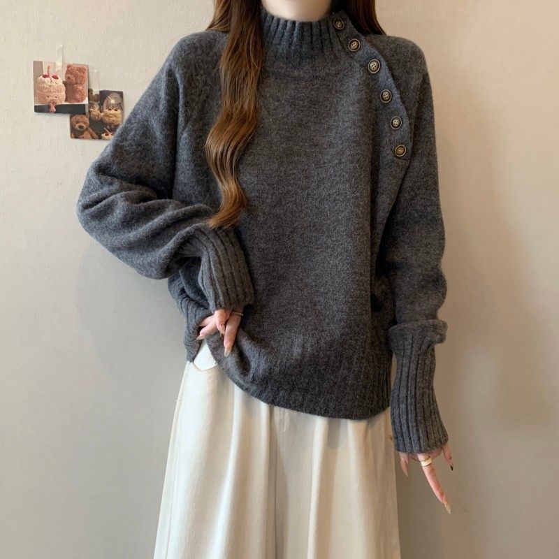 大码女装2025秋冬新款胖MM中领时尚设计感排扣插肩袖套头长袖毛衣,淘宝优惠券,粉丝福利购,淘宝优惠卷