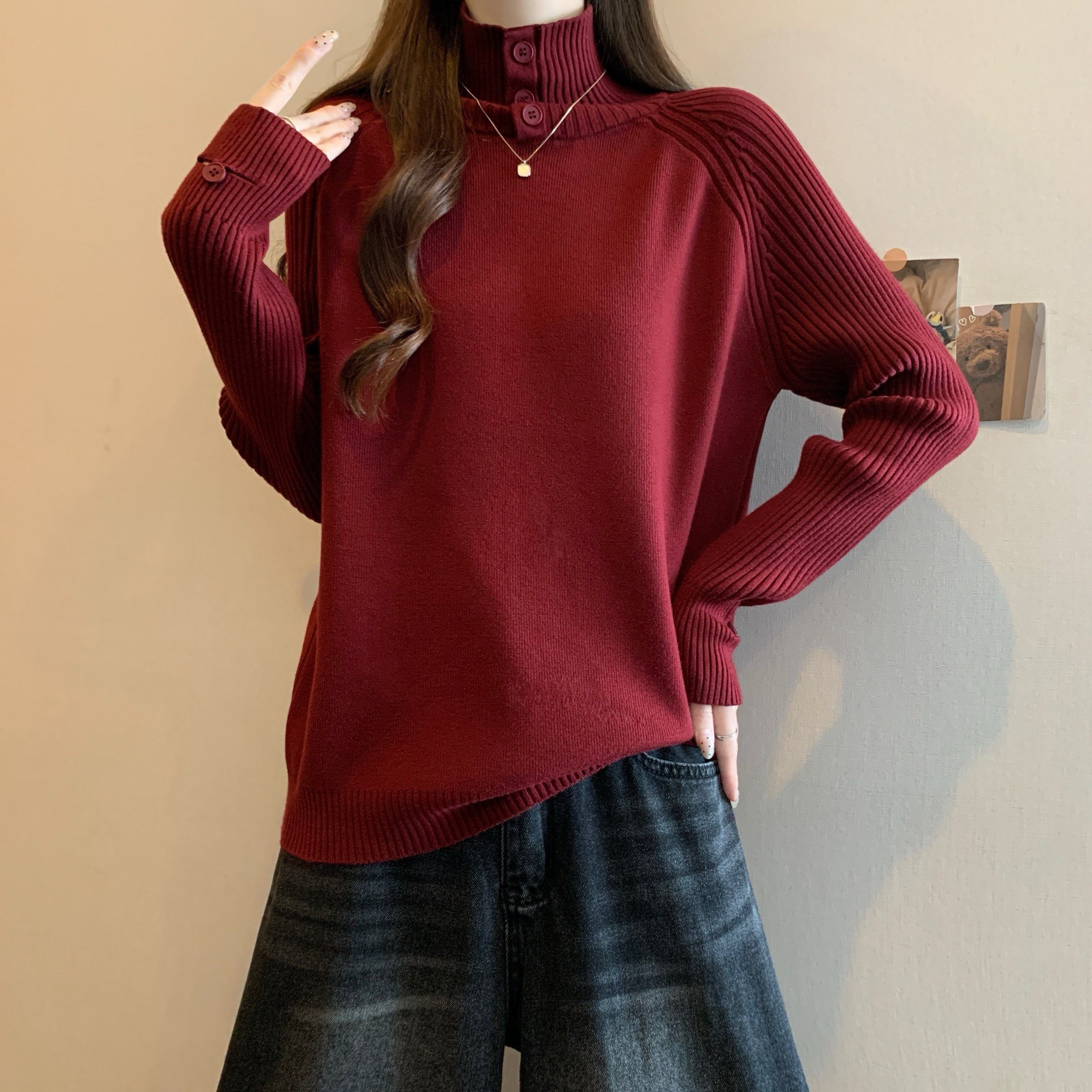 大码女装堆堆领毛衣女秋冬胖MM加厚纽扣内搭长袖上衣针织打底衫潮,淘宝优惠券,粉丝福利购,淘宝优惠卷